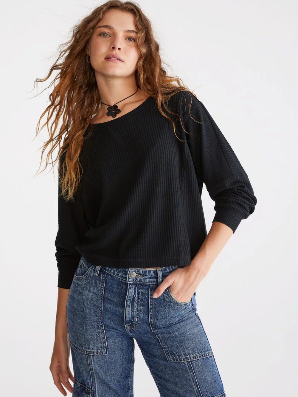 Aeropostale Black Waffle-knit Pullover Scoop-neck Off-the-Shoulder Basic Top XL